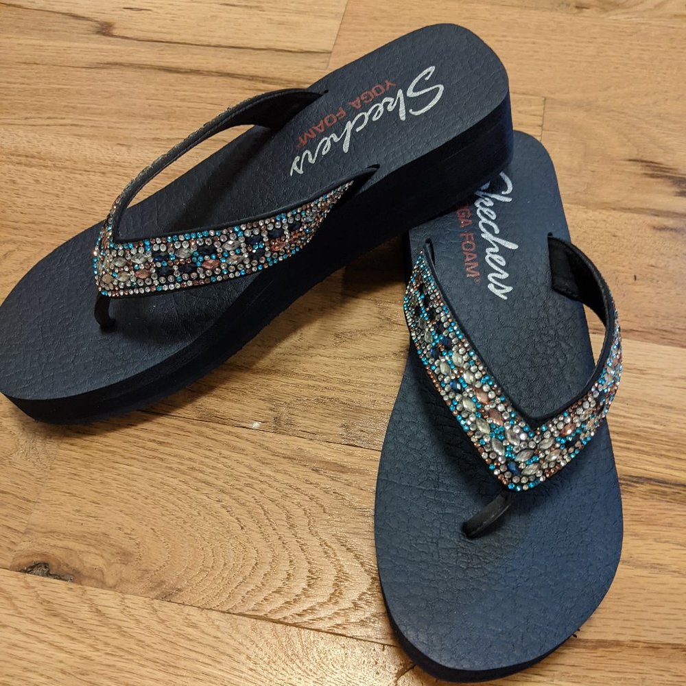 Skechers Navy Wedge Flip Sandals with Multi-Color Rhinestones